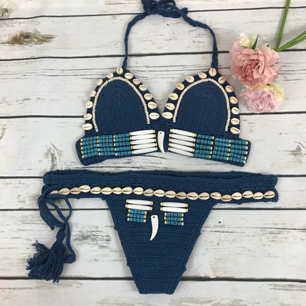Boho Handmade Crochet Blue Bikini Shells Beaded